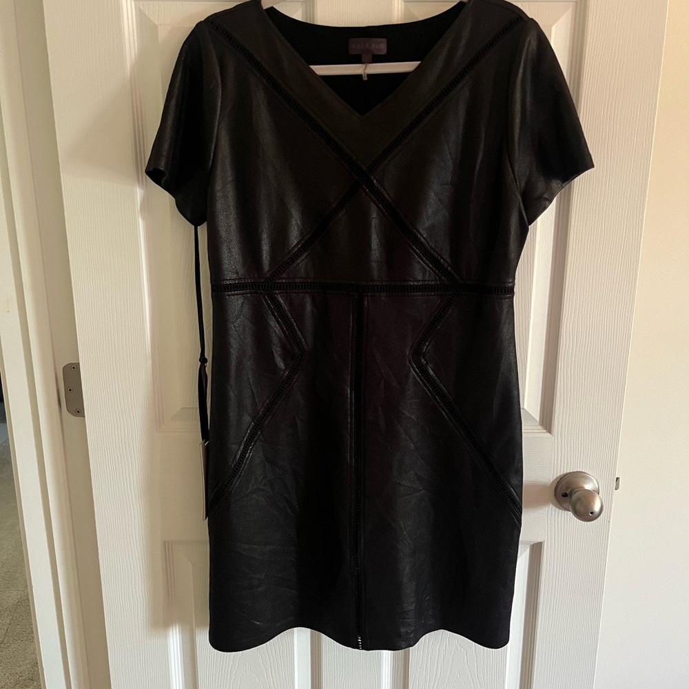 Hale Bob Laser Cut Out Black Faux Leather Mini Dress, Sz L NWT
